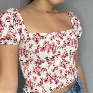 Ruched white and floral dressy top
